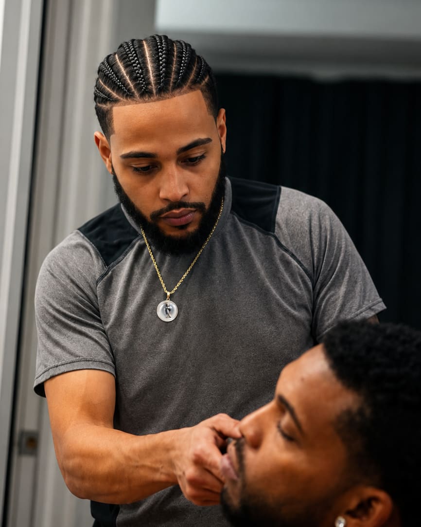 The Shaving Angel, his hair in cornrows, working closely on a reclined client's line-up.