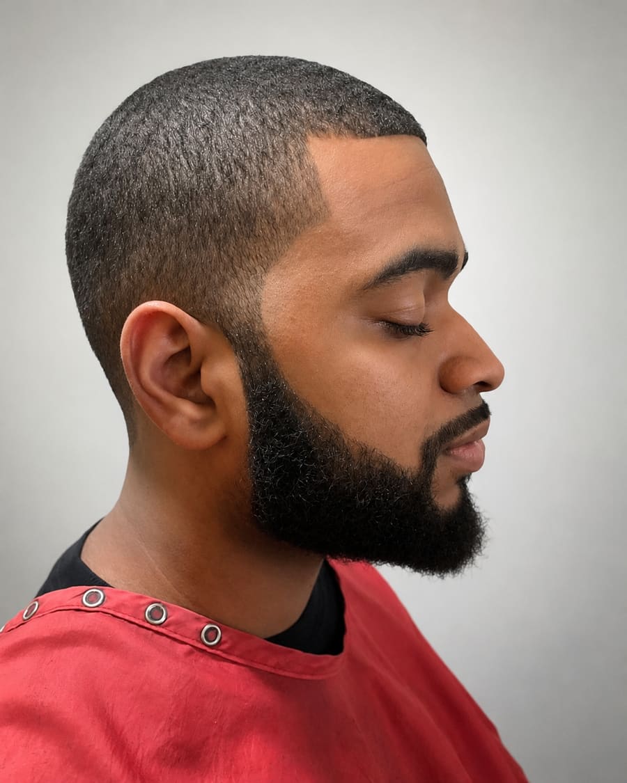 Side profile of a low, even cut with a crisp line-up and a neatly shaped full beard.