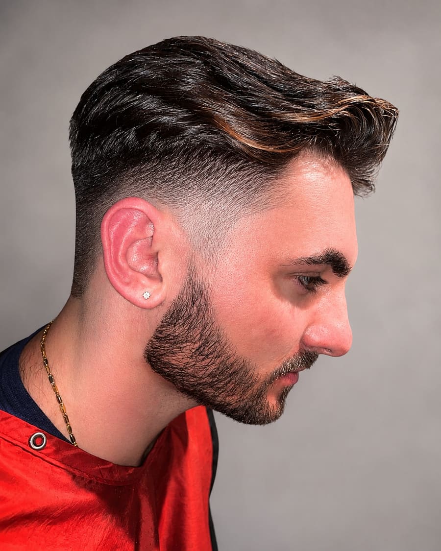 Textured quiff swept back over a taper fade with a light, tidy beard.