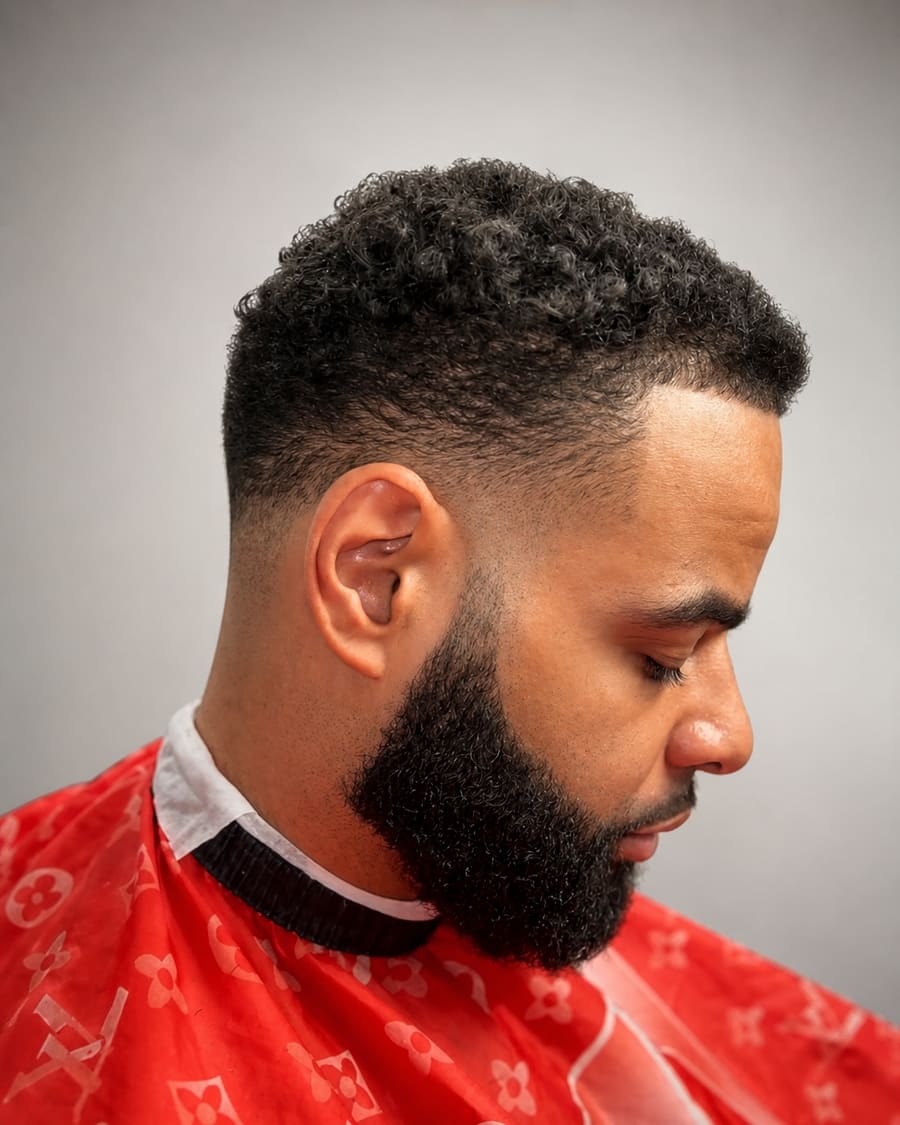 Defined natural curls on top with a drop fade and a full beard.